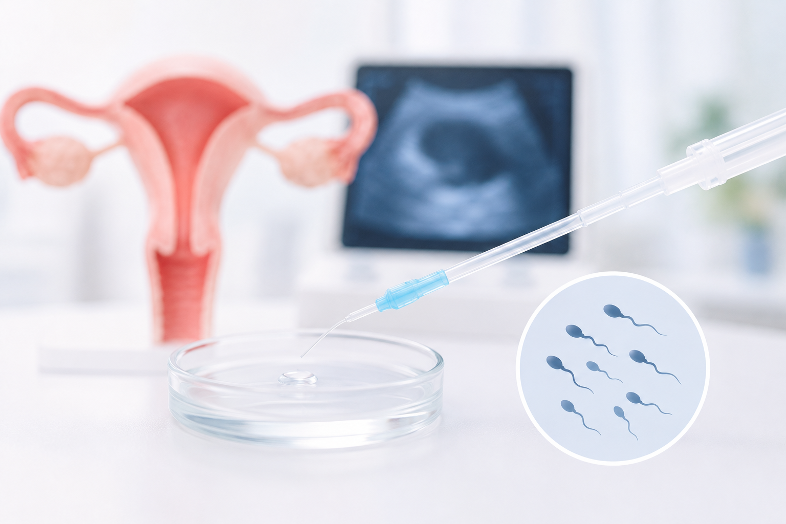 40af6b2d-a41f-4e67-b275-aa3f98897e0d Fertility lab setup with a pipette over a petri dish and a uterus model in the background, plus a sperm illustration inset.