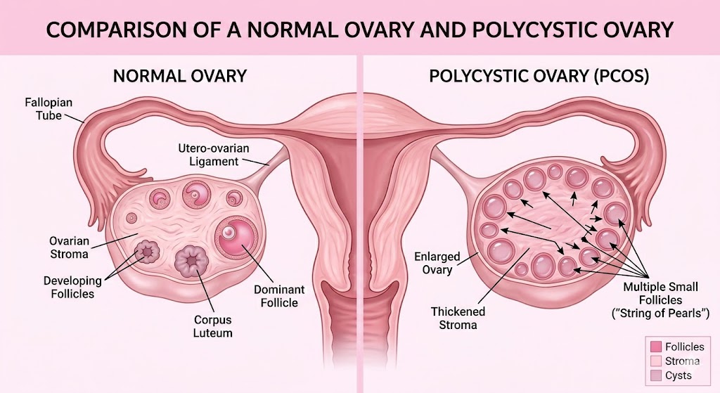 Diagram comparing a normal ovary (left) with a polycystic ovary (right); normal side shows developing follicles, while PCOS side shows enlarged ovary with many small cysts ('string of pearls').