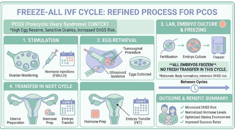 Infographic of a refined IVF cycle for PCOS, showing stimulation, egg retrieval, freezing, and future embryo transfer steps.