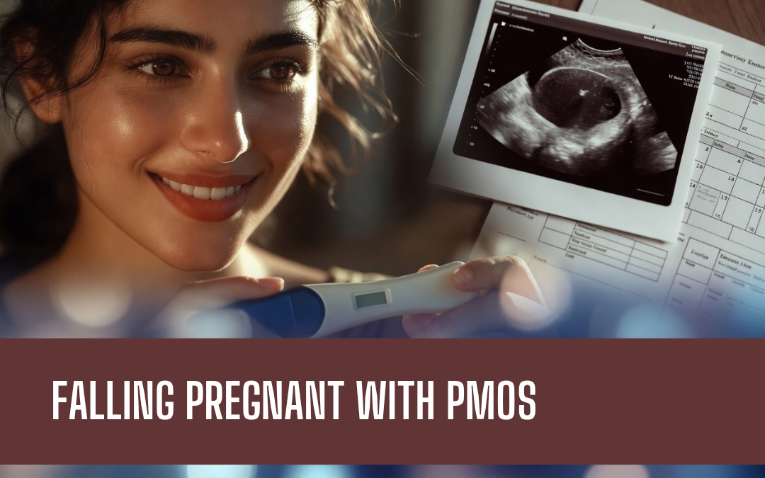 Smiling pregnant woman holding a home pregnancy test with an ultrasound image visible in the background.