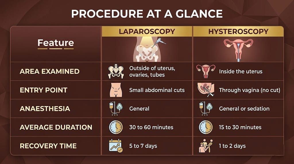 Side-by-side infographic comparing laparoscopy and hysteroscopy: areas examined, entry point, anesthesia, duration, and recovery time.