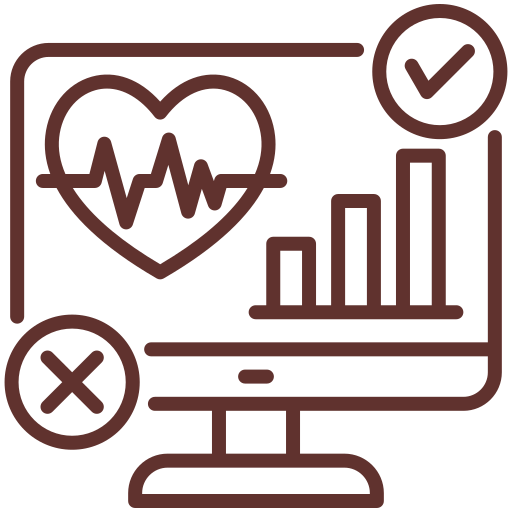Monitor displaying a health dashboard with a heart and ECG line, bar chart, a checkmark, and an X symbol.