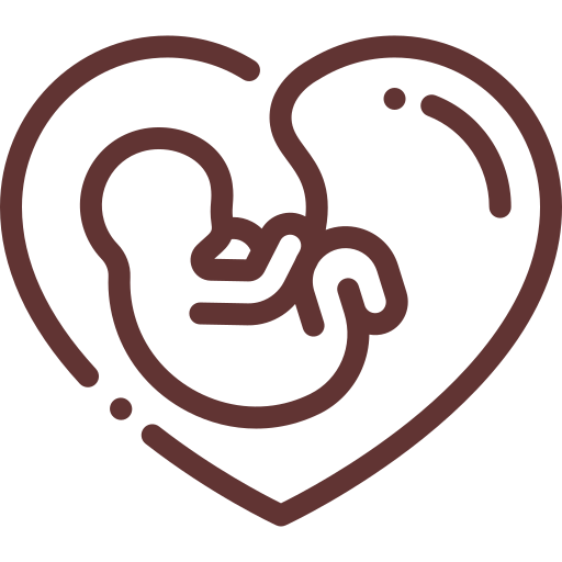 Line drawing of a fetus curled inside a heart outline, symbolizing love and pregnancy/in utero care.