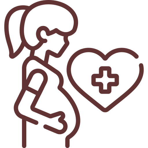Pregnant nurse holding her belly beside a heart with a medical cross, symbolizing maternal health care.