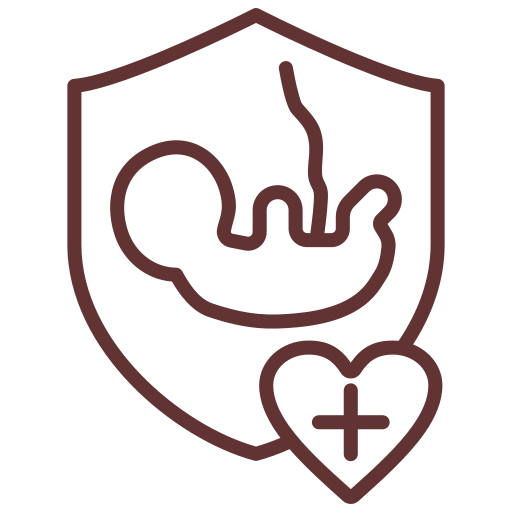 Shield emblem featuring a stylized uterus and a heart with a medical cross, symbolizing reproductive health care.