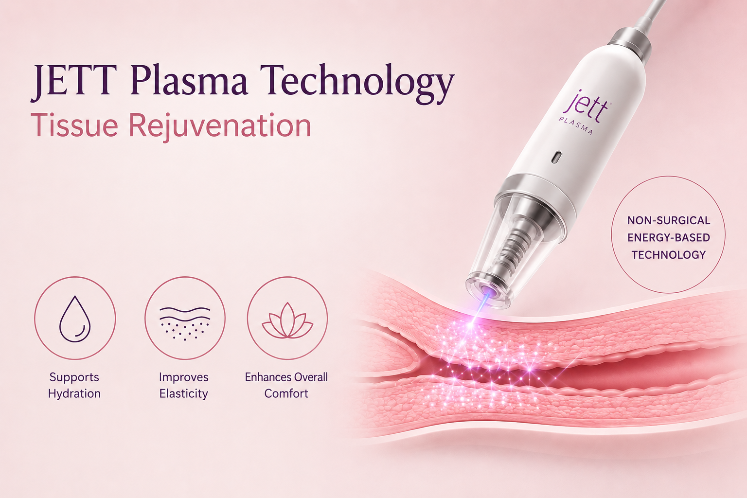 Jett Plasma Jet Plasma device for tissue rejuvenation on a pink background; highlights include hydration, elasticity, and comfort icons with labels (non-surgical energy-based tech).