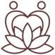 Logo of two stylized people forming a heart above a lotus flower clarity and balance, in a warm brown color.
