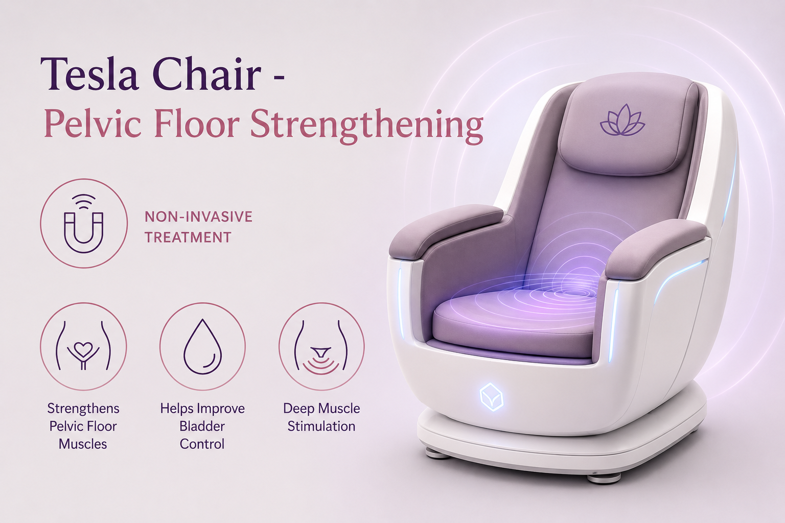 Tesla Chair Tesla Chair for pelvic floor strengthening; non-invasive treatment with lavender chair and glow accents on a pale pink backdrop.