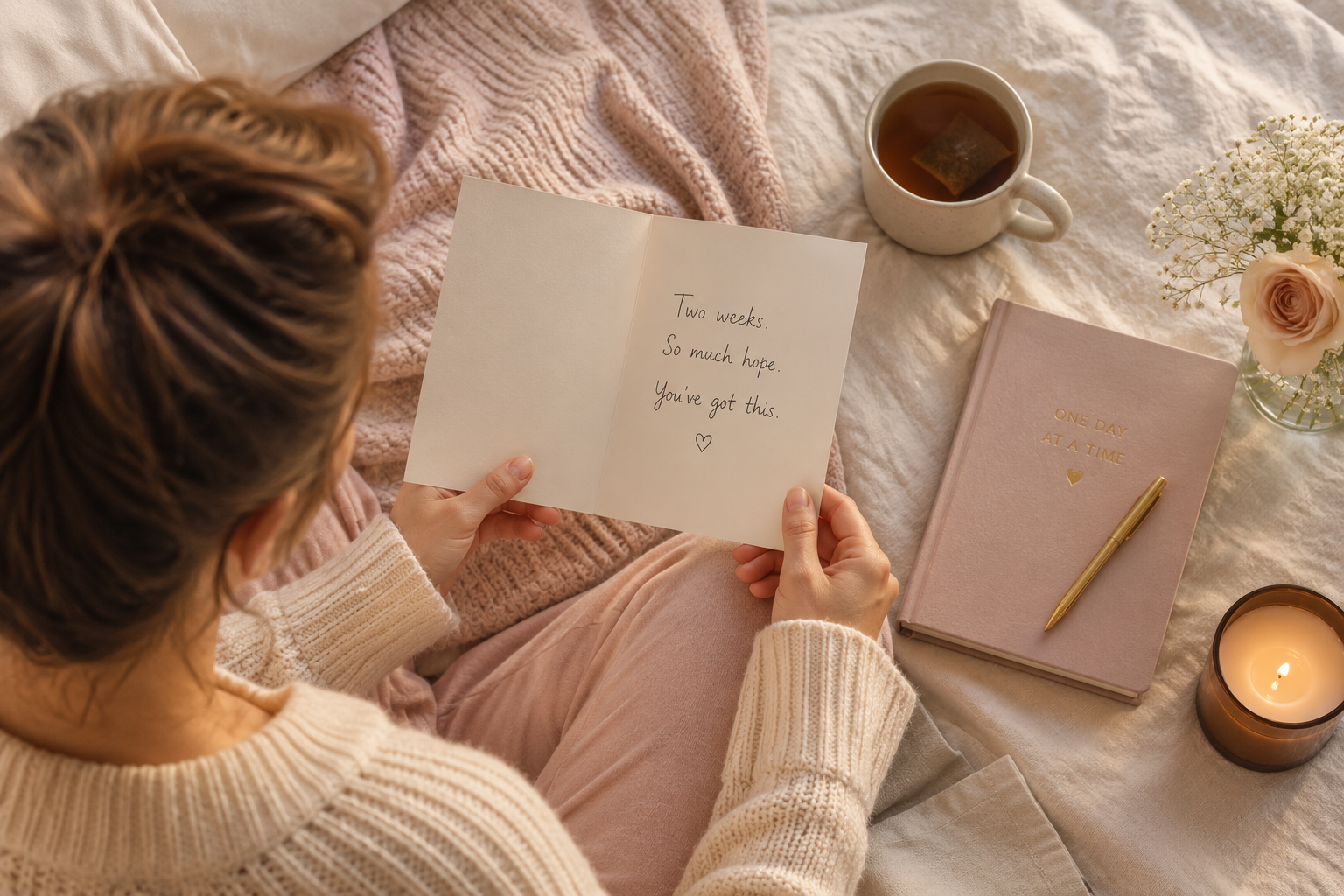 Woman resting in bed reading a hopeful card during the two-week wait after embryo transfer 