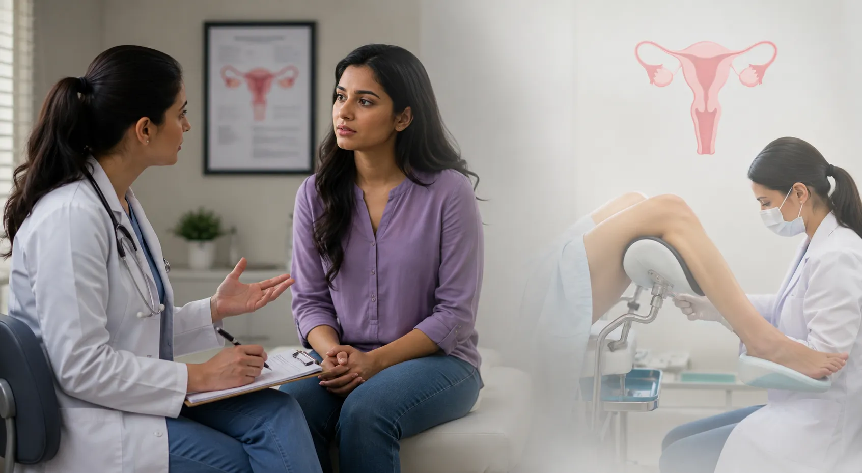 History and pelvic exam Doctor discusses treatment with a woman patient in a clinic; a female reproductive health diagram is on the wall. - 125 chars max.