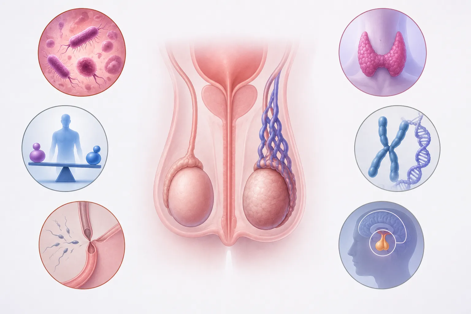 Medical Condition Central diagram of the male reproductive system showing both testicles and the vas deferens coming from the scrotum, with surrounding anatomy visible.