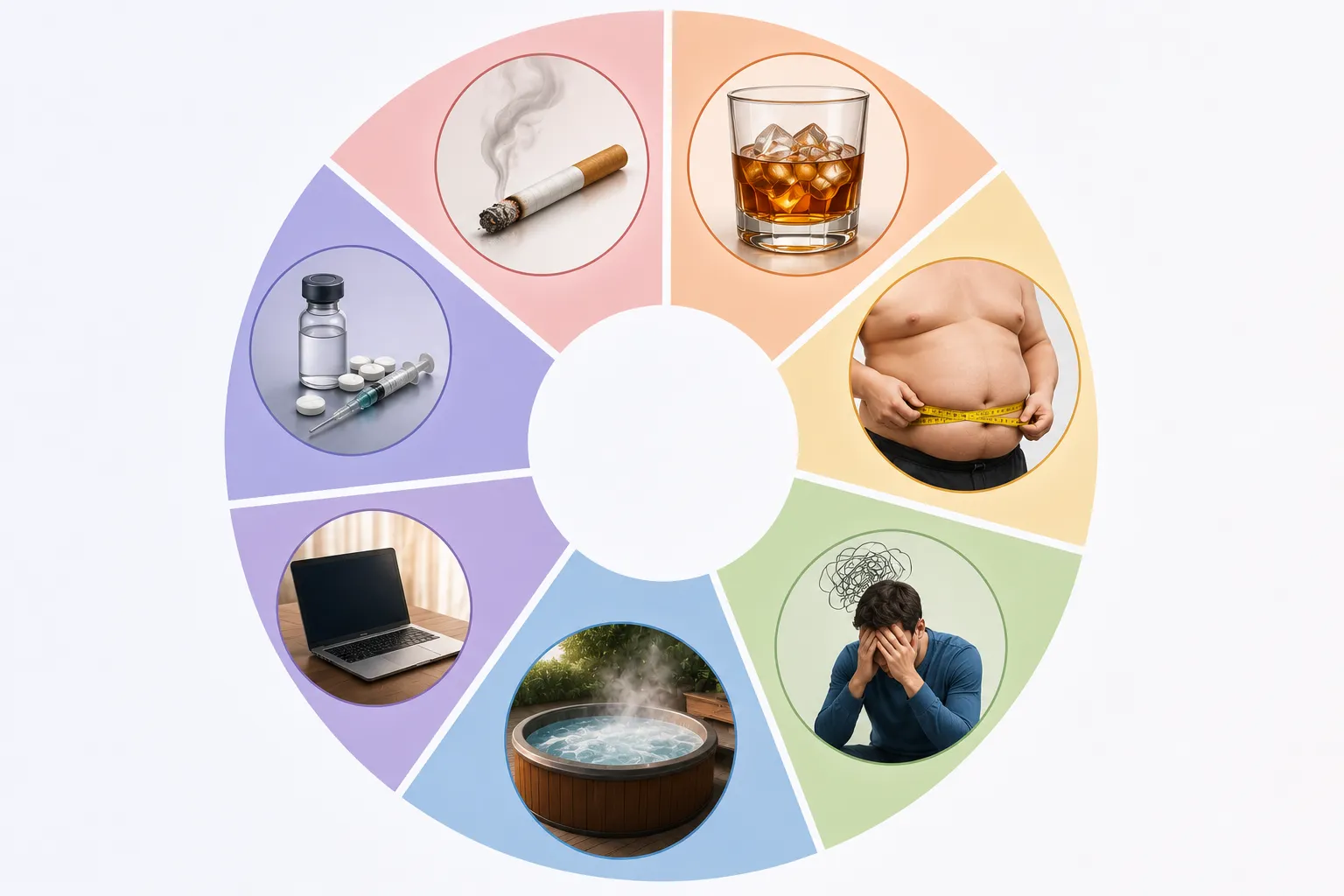 Other Conditons Colorful circular infographic showing eight health factors: smoking, alcohol, obesity, stress, laptop use, spa/hot tub, medicines, and pills.