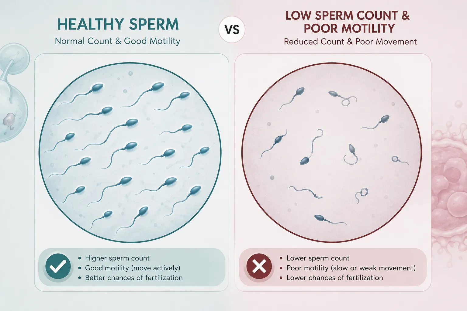 Sperm Count Illustration showing healthy sperm compared to sperm with low count and poor motility