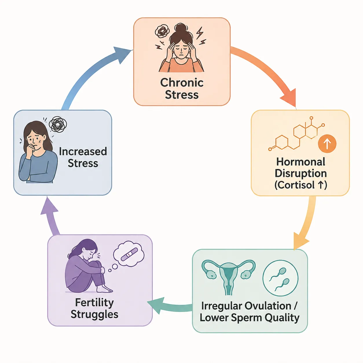 Infographic showing the stress and fertility cycle, how chronic stress and fertility struggles reinforce each other 