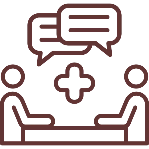 Two people sit across a table, with chat bubbles and a medical cross, representing a health consultation.