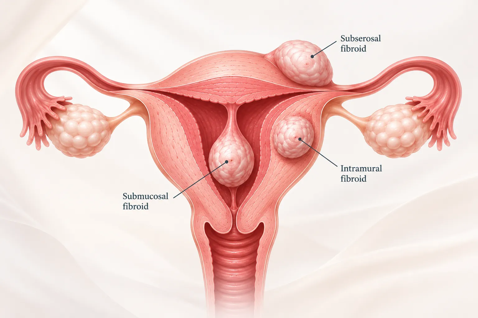 Illustration of several sperm cells swimming toward a large pink egg cell, illustrating fertilization.